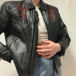 Rare Real Leather Motorcycle Jacket with Sueded Red Rose Detail 🥀